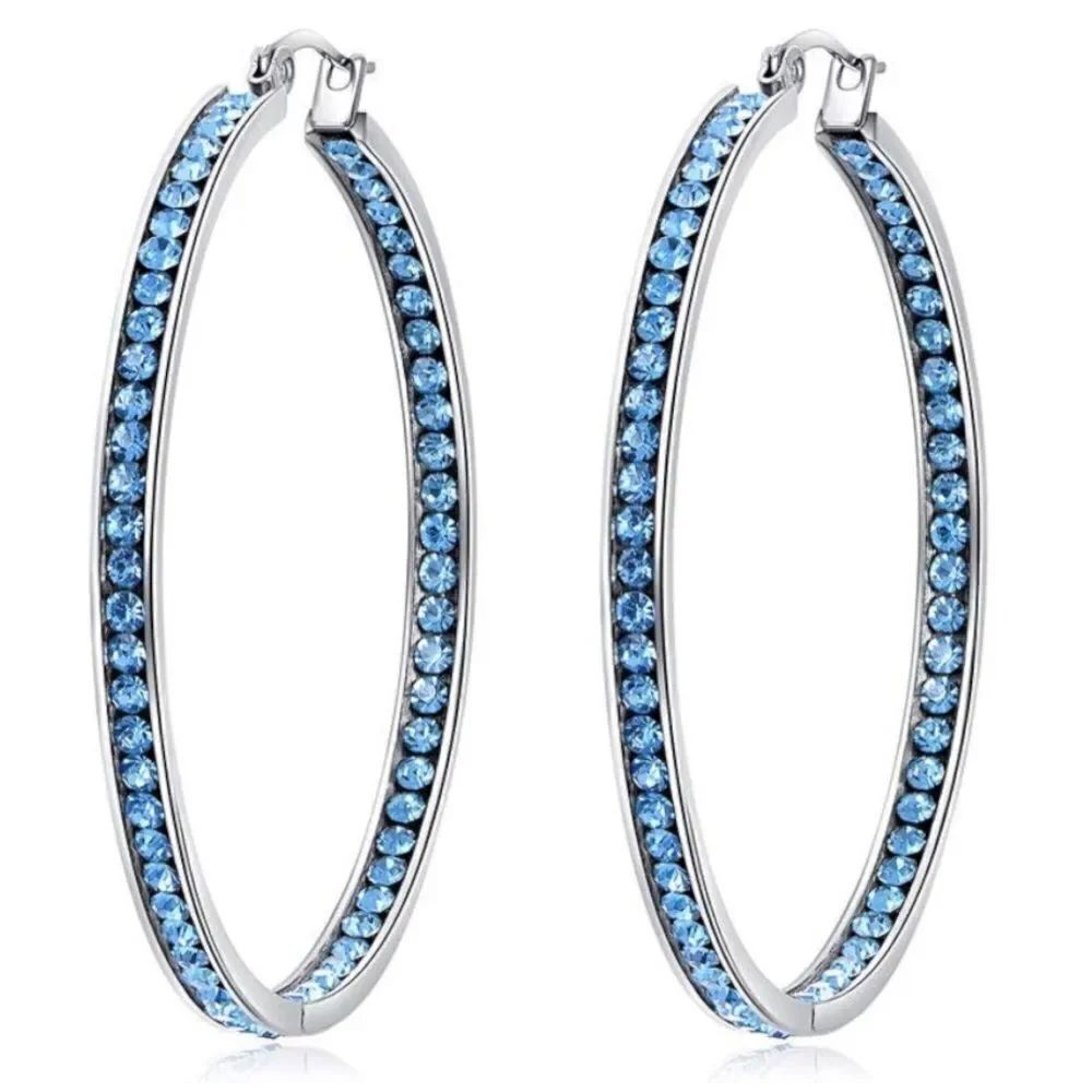 14K White Gold with Aquamarine Blue Cubic Zirconia Big Hoop Latch Back Earrings